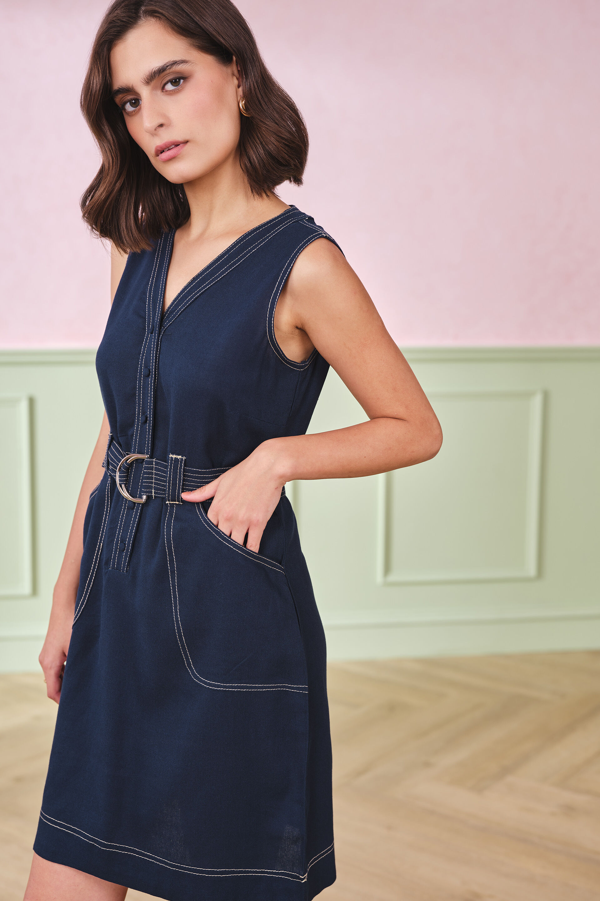 Cobalt Belted Viscose Blend Dress, Navy, image 6